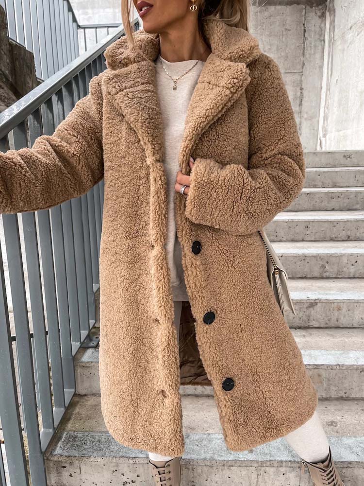 Long Teddy Wool Blend Coat with Button Closure