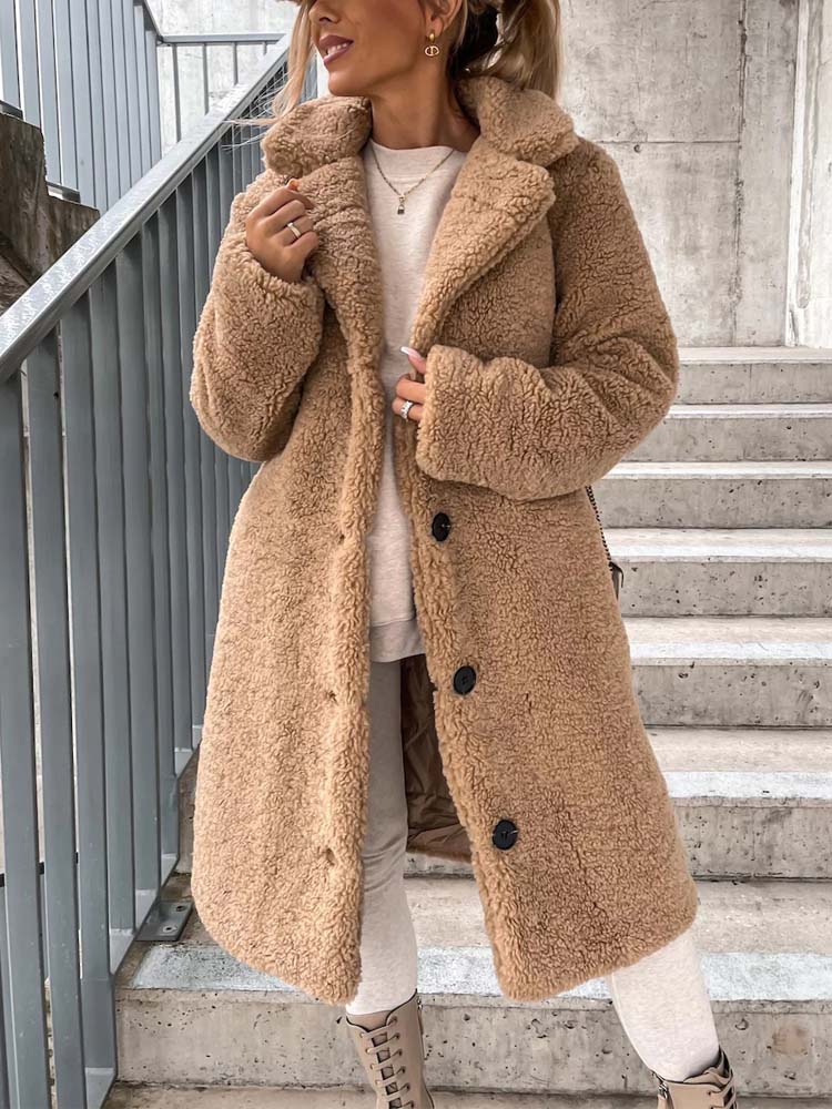 Long Teddy Wool Blend Coat with Button Closure