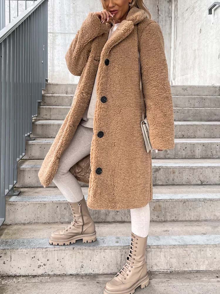 Long Teddy Wool Blend Coat with Button Closure