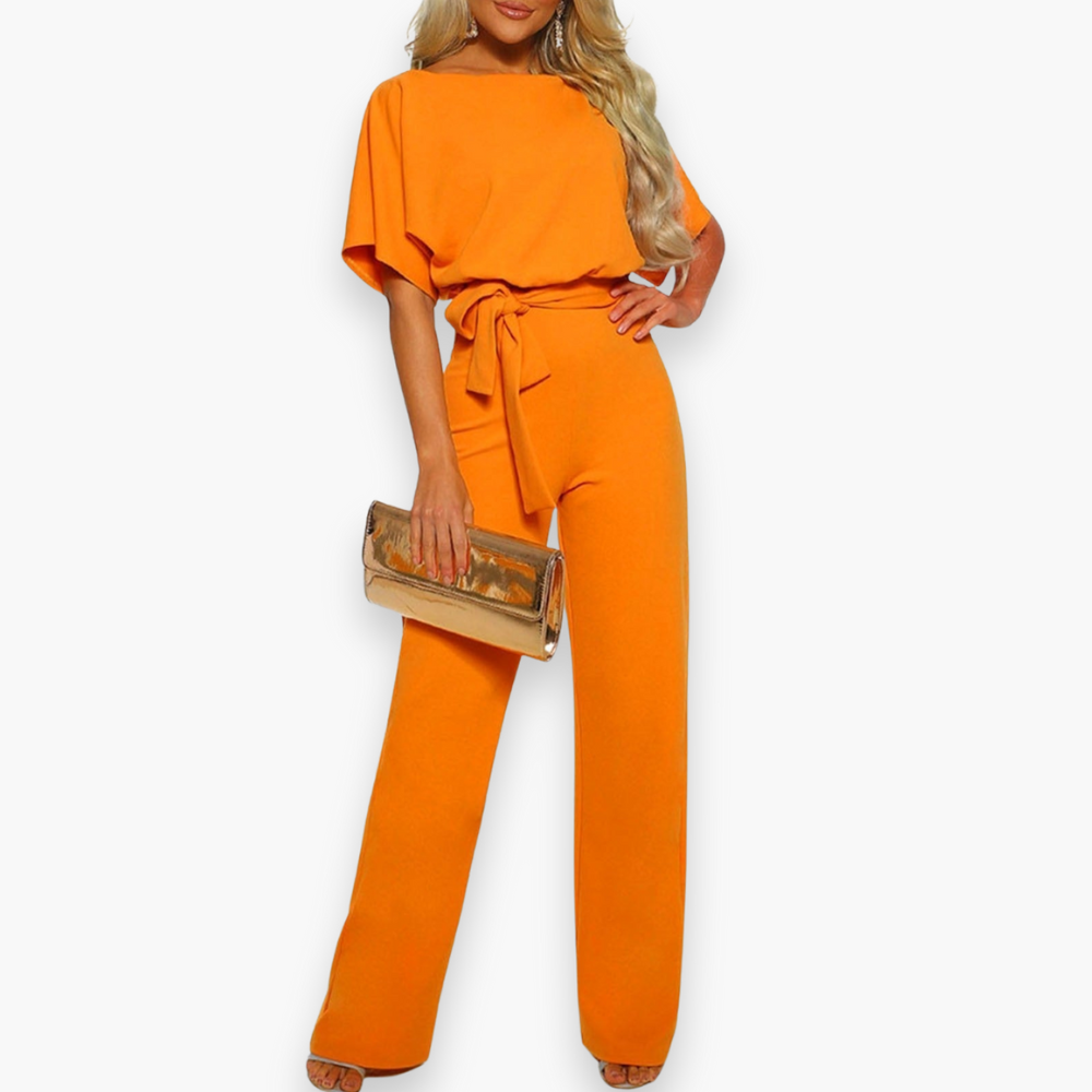 Elegant Short-Sleeve Belted Wide-Leg Jumpsuit