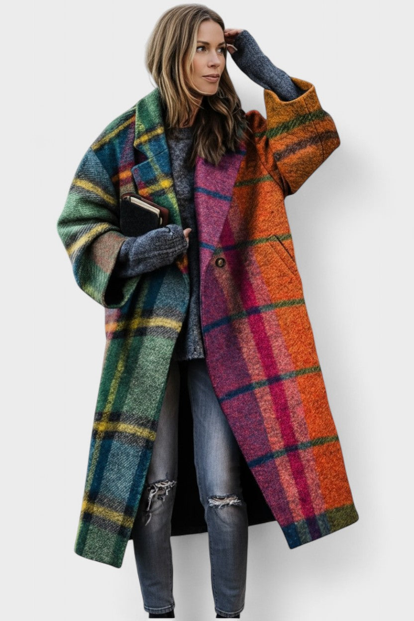 Oversized Plaid Wool Blend Coat with Button Front and Longline Fit