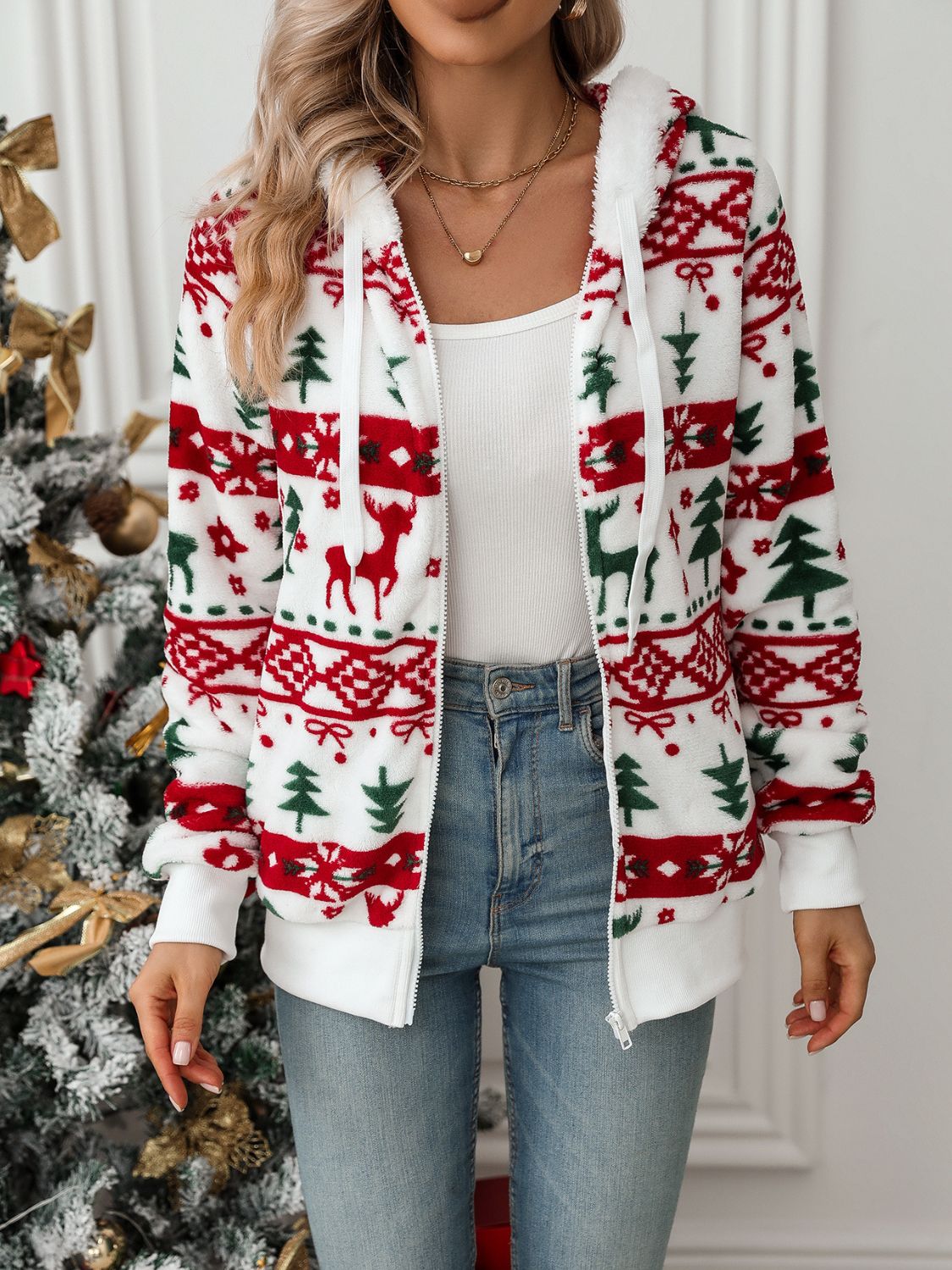 Christmas Reindeer Print Zip Hoodie