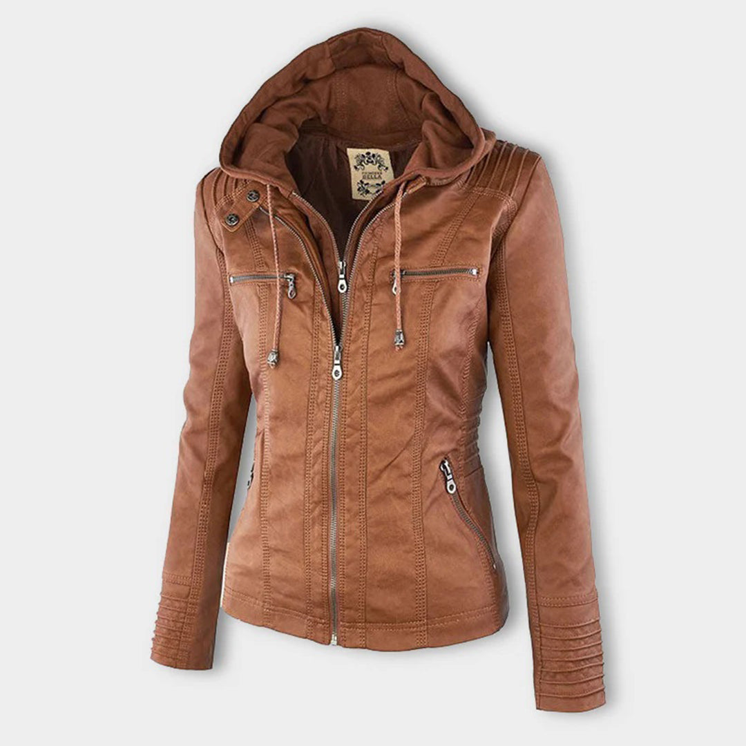 Women’s Faux Leather Moto Jacket with Removable Hood