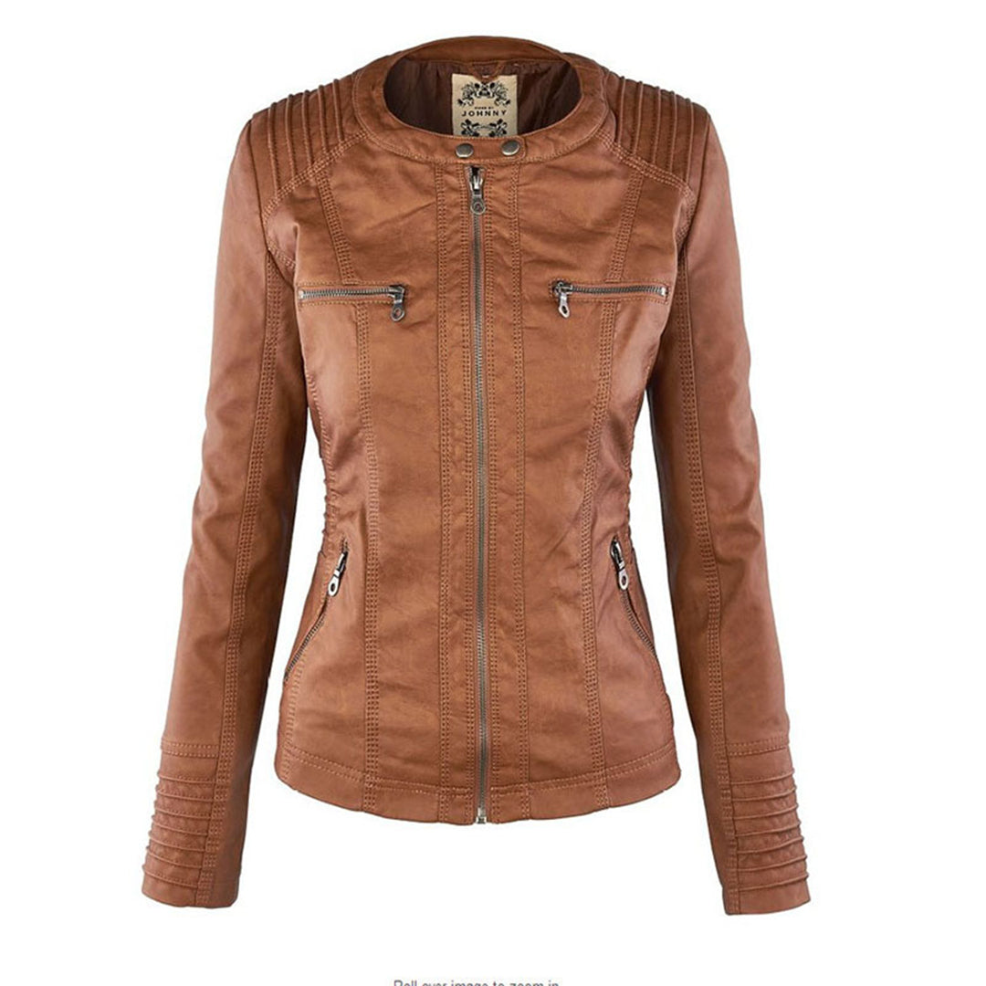 Women’s Faux Leather Moto Jacket with Removable Hood