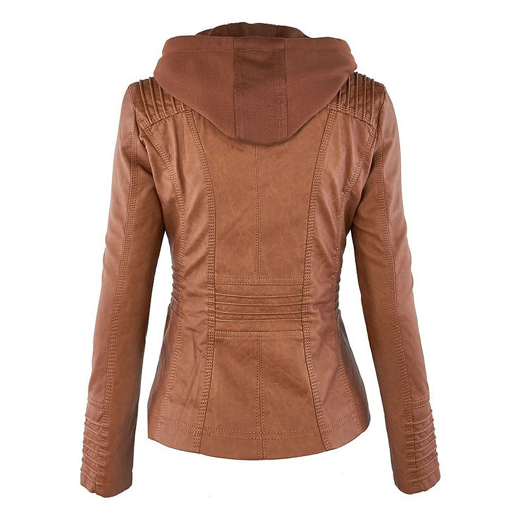 Faux Leather Hooded Moto Jacket with Zipper Details