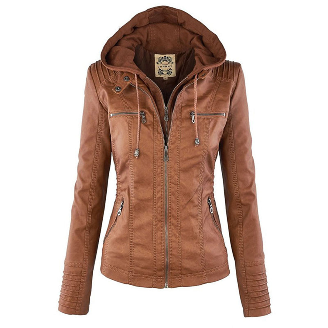 Women’s Faux Leather Hooded Moto Jacket – Slim Fit Zip-Up Outerwear