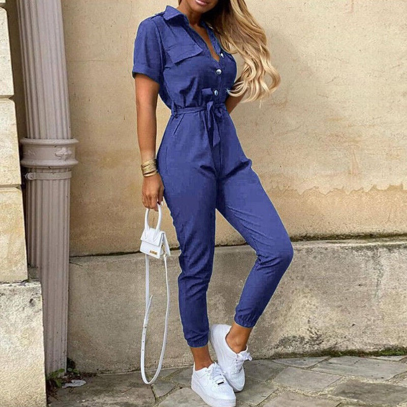 Short-Sleeve Belted Slim-Fit Women’s Jumpsuit