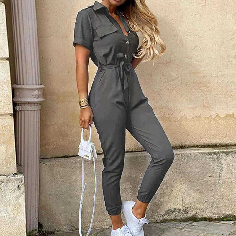 Short-Sleeve Belted Slim-Fit Women’s Jumpsuit