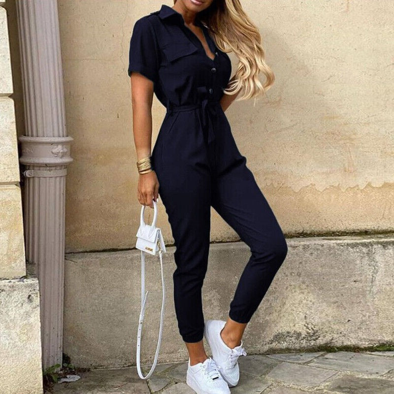 Short-Sleeve Belted Slim-Fit Women’s Jumpsuit