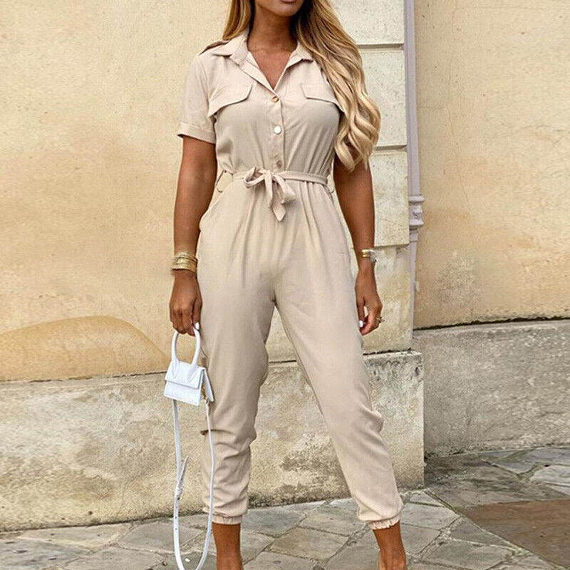 Short-Sleeve Belted Slim-Fit Women’s Jumpsuit
