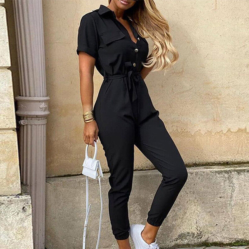 Short-Sleeve Belted Slim-Fit Women’s Jumpsuit