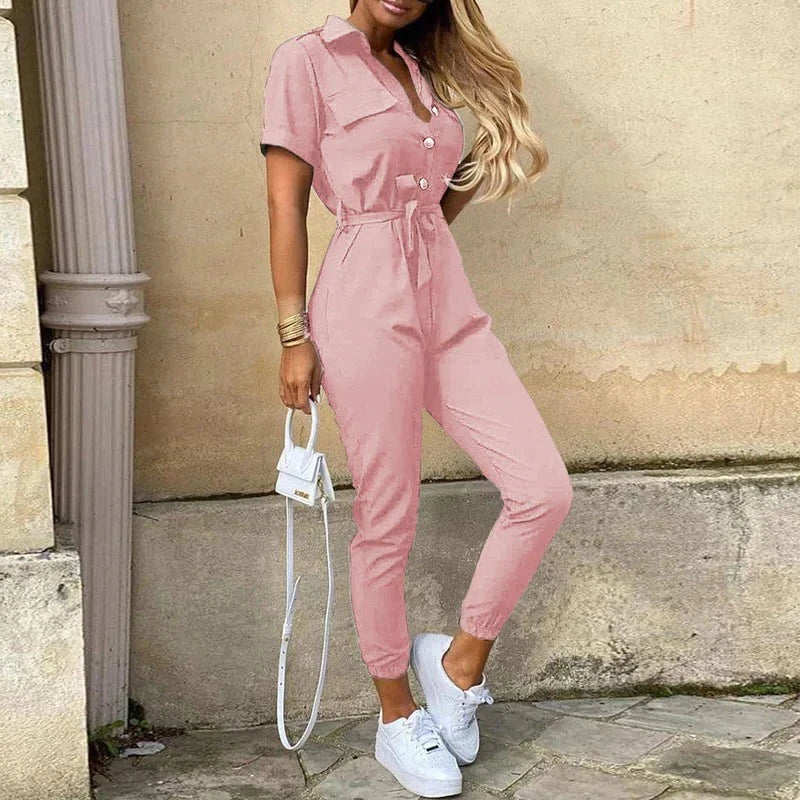 Short-Sleeve Belted Slim-Fit Women’s Jumpsuit