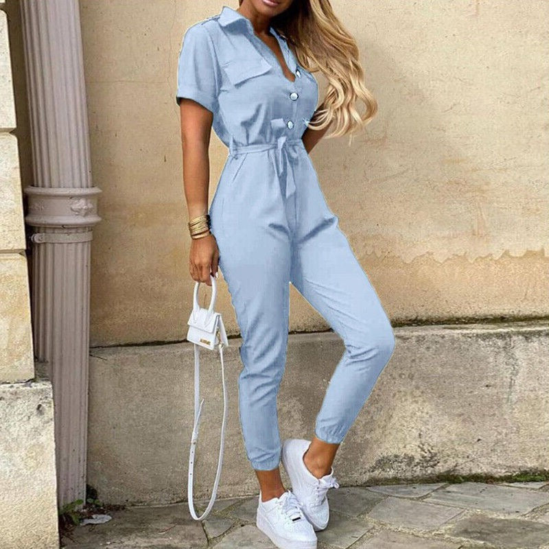 Short-Sleeve Belted Slim-Fit Women’s Jumpsuit