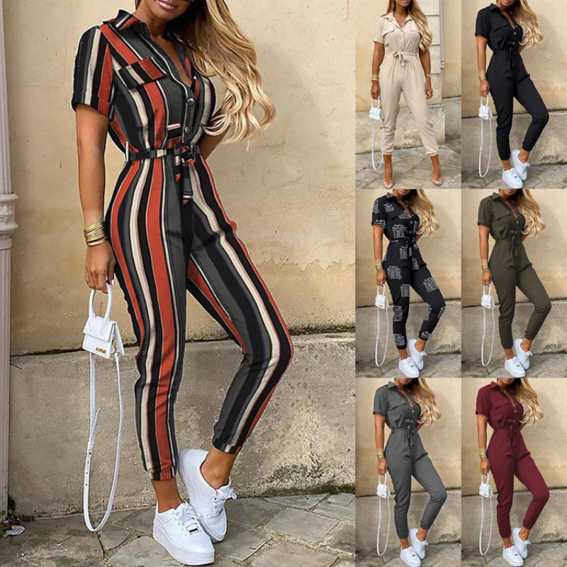 Short-Sleeve Belted Slim-Fit Women’s Jumpsuit