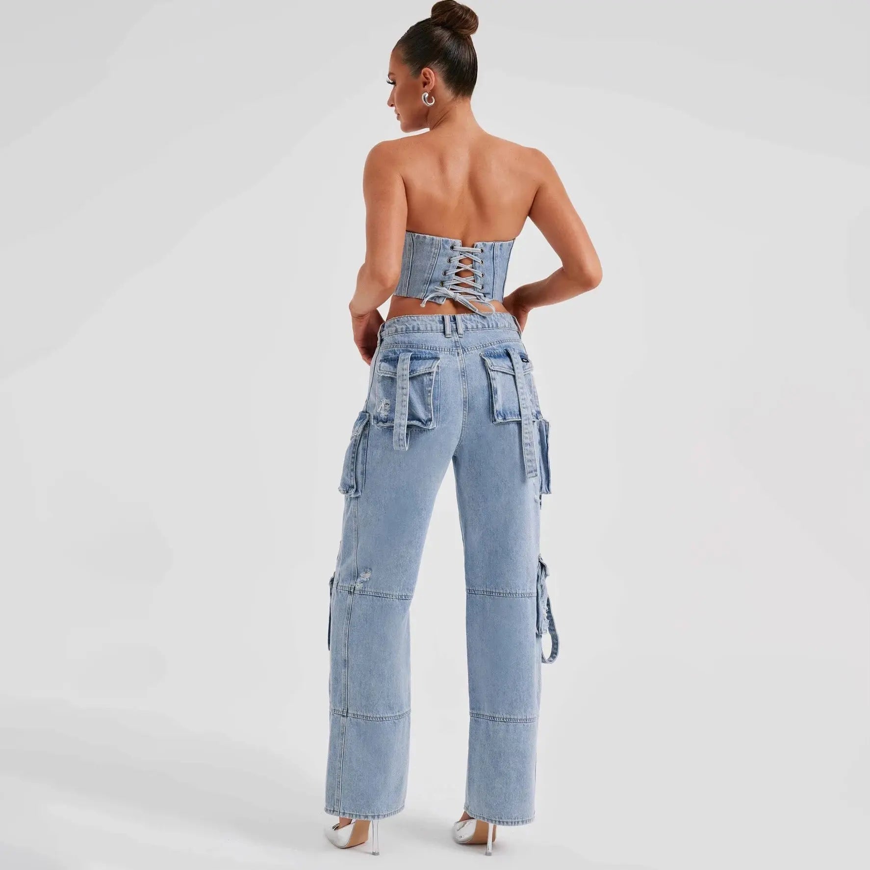 High-Waisted Cargo Denim Jeans with Multi-Pockets