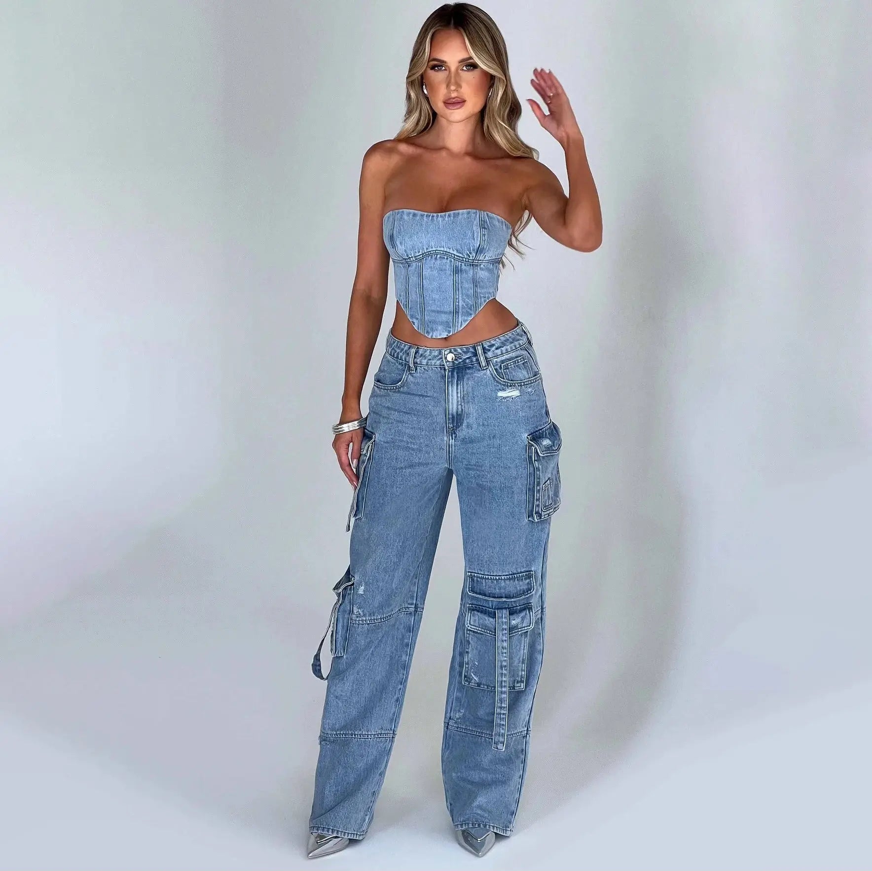 High-Waisted Cargo Denim Jeans with Multi-Pockets