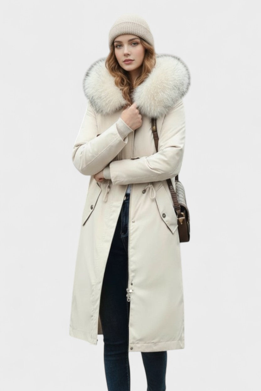 Longline Hooded Puffer Coat with Faux Fur Trim and Drawstring Waist