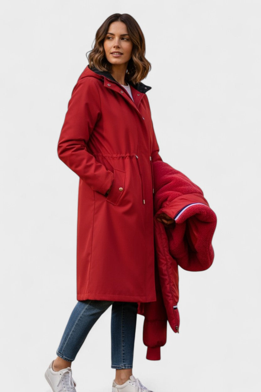 Longline Hooded Puffer Coat with Faux Fur Trim and Drawstring Waist