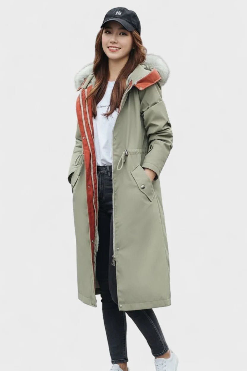 Longline Hooded Puffer Coat with Faux Fur Trim and Drawstring Waist