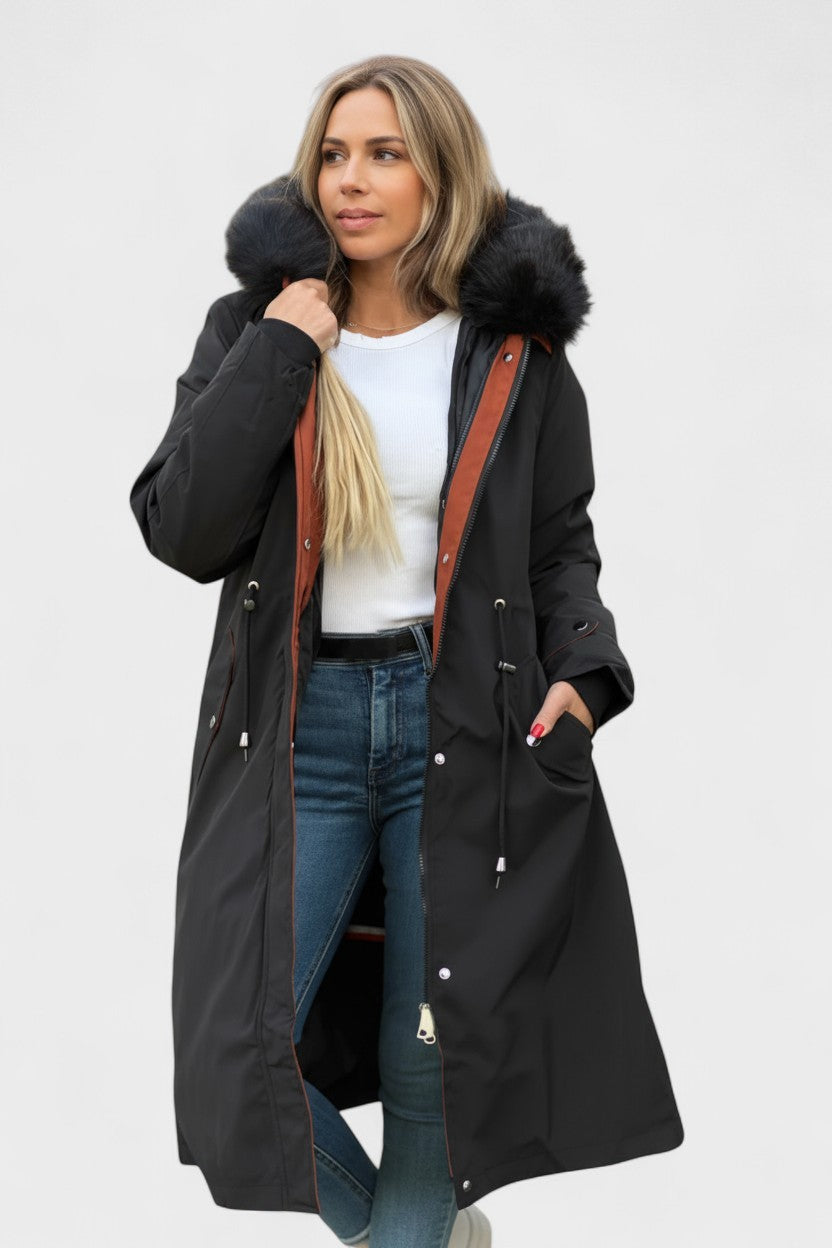 Longline Hooded Puffer Coat with Faux Fur Trim and Drawstring Waist