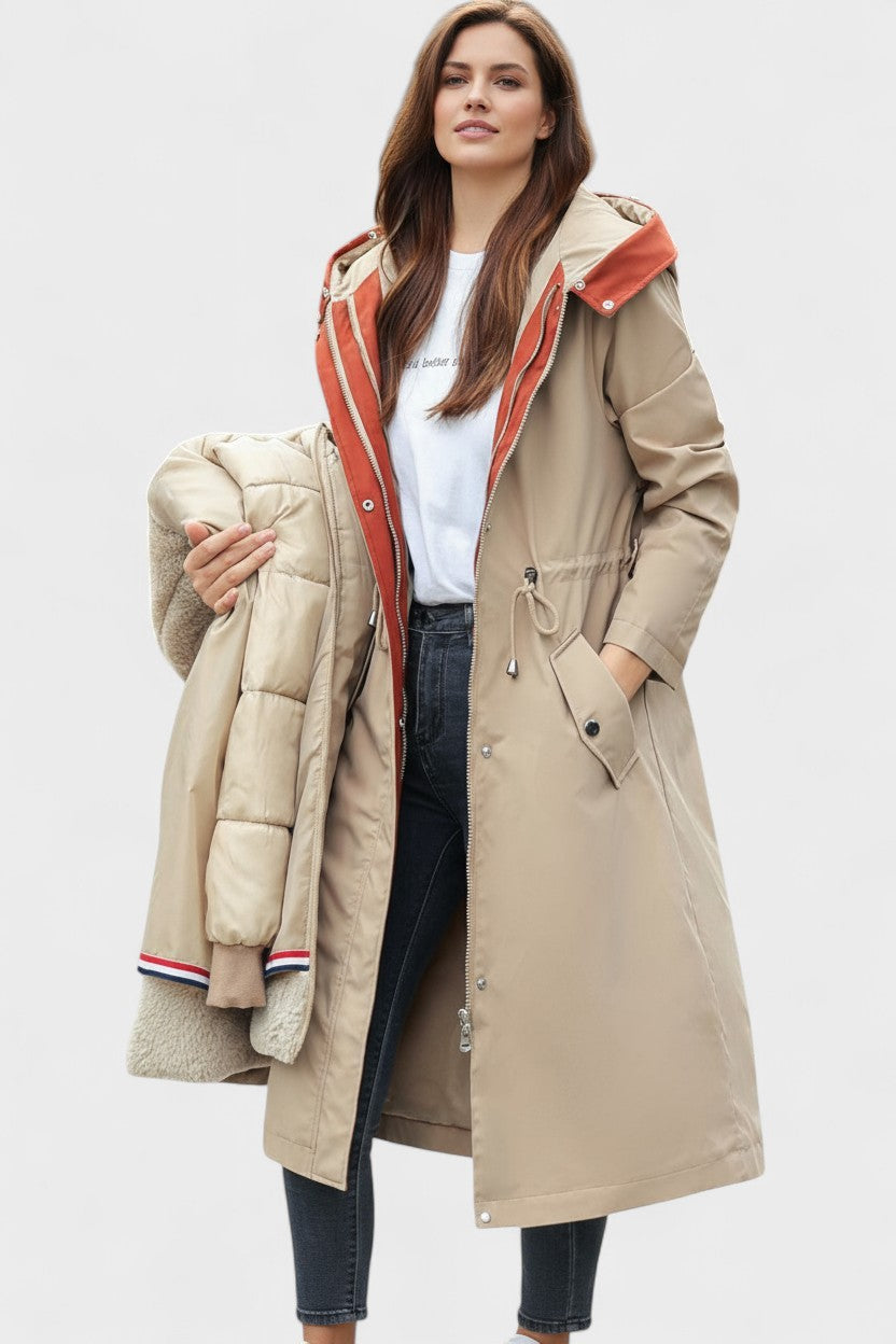 Longline Hooded Puffer Coat with Faux Fur Trim and Drawstring Waist