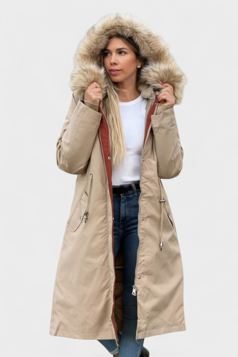 Longline Hooded Puffer Coat with Faux Fur Trim and Drawstring Waist
