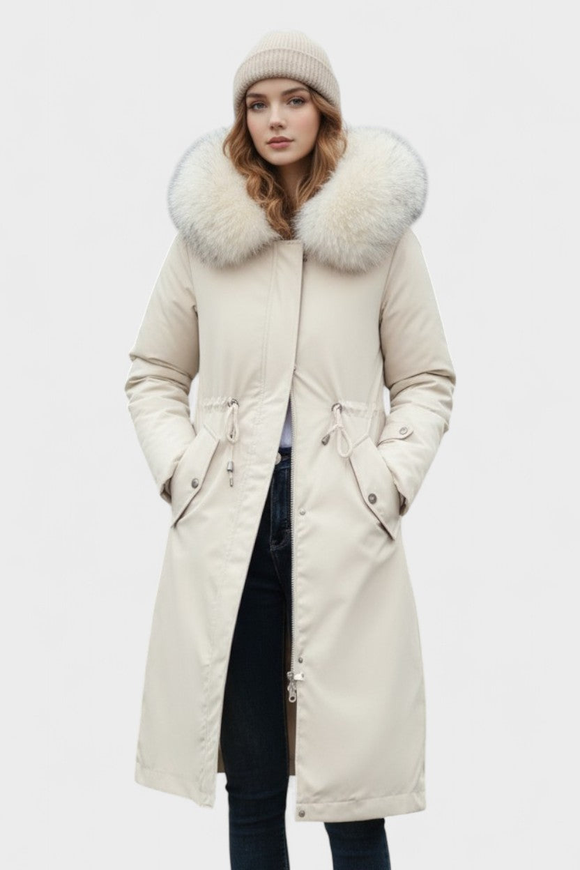 Longline Hooded Puffer Coat with Faux Fur Trim and Drawstring Waist