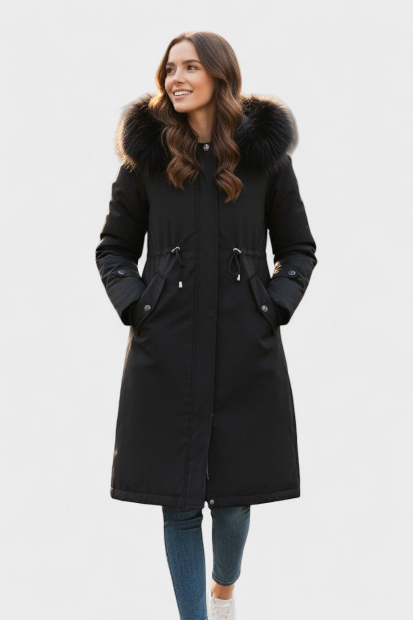 Longline Hooded Puffer Coat with Faux Fur Trim and Drawstring Waist