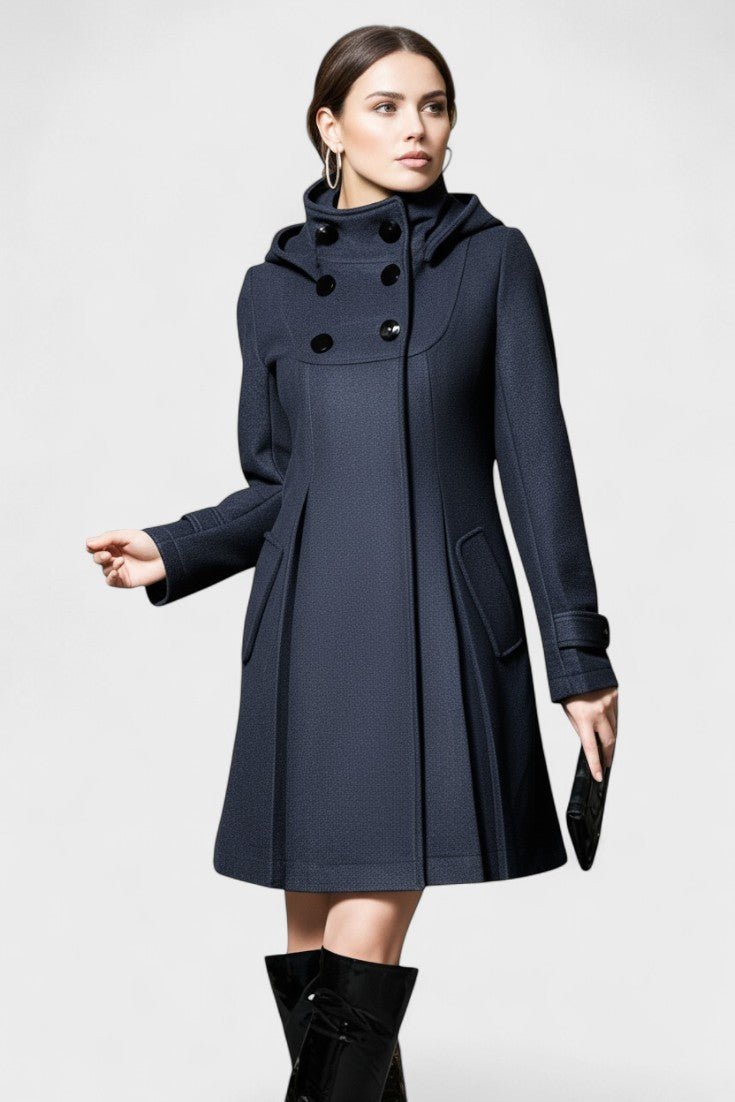 Structured A-Line Coat with High Collar and Button Detail