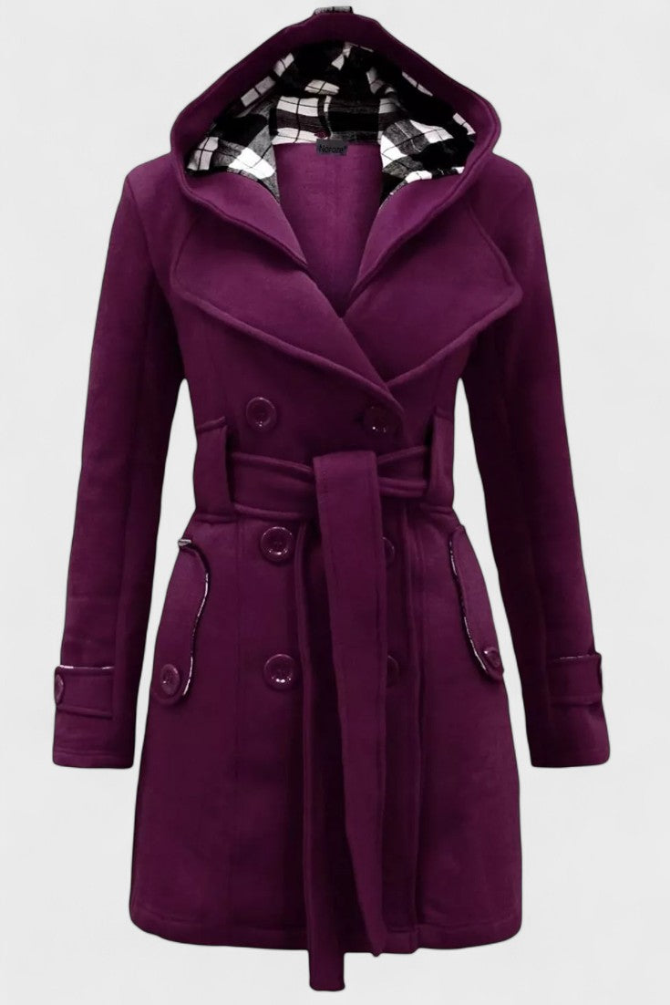 Double Breasted Wool Blend Coat with Belted Waist and Hood