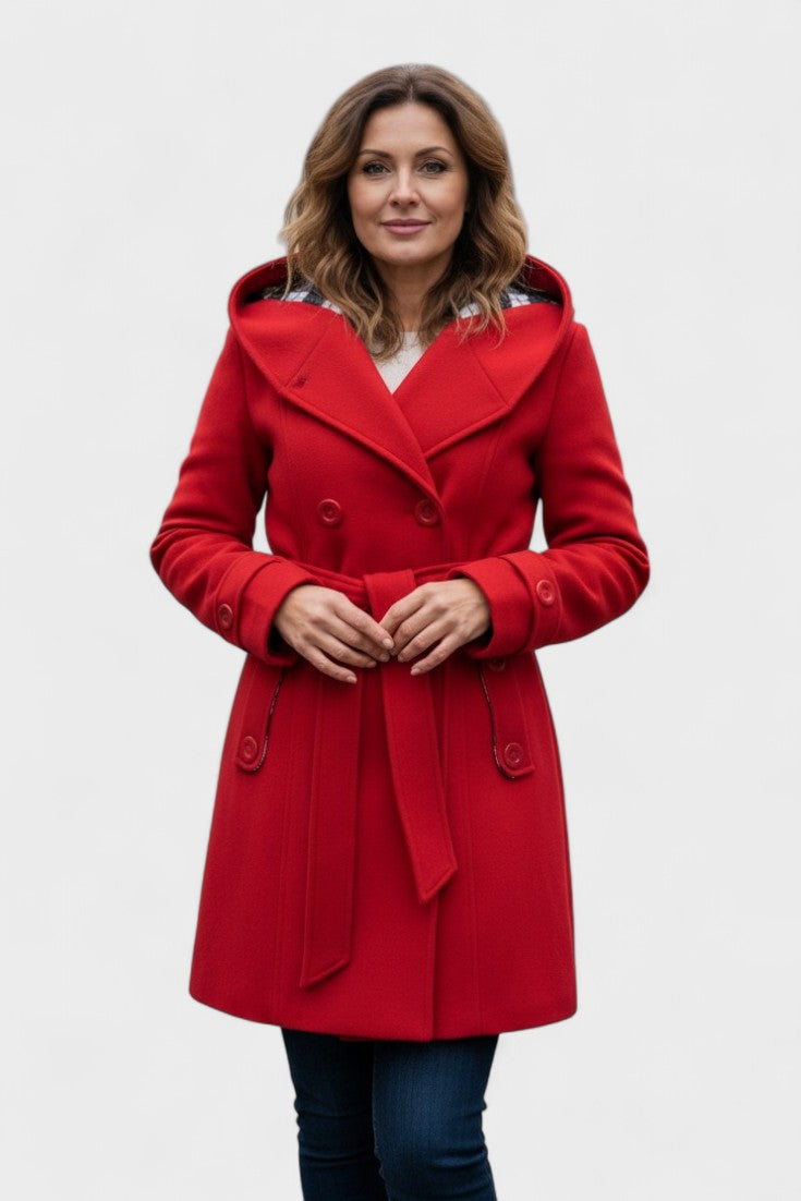Double Breasted Wool Blend Coat with Belted Waist and Hood