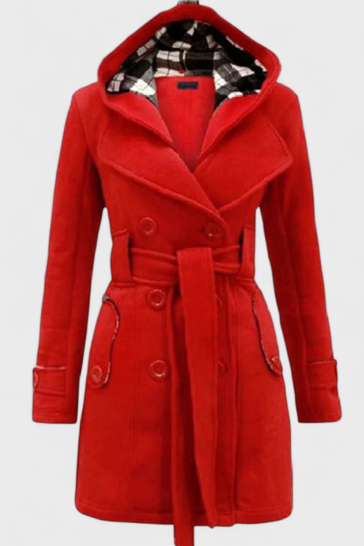 Double Breasted Wool Blend Coat with Belted Waist and Hood
