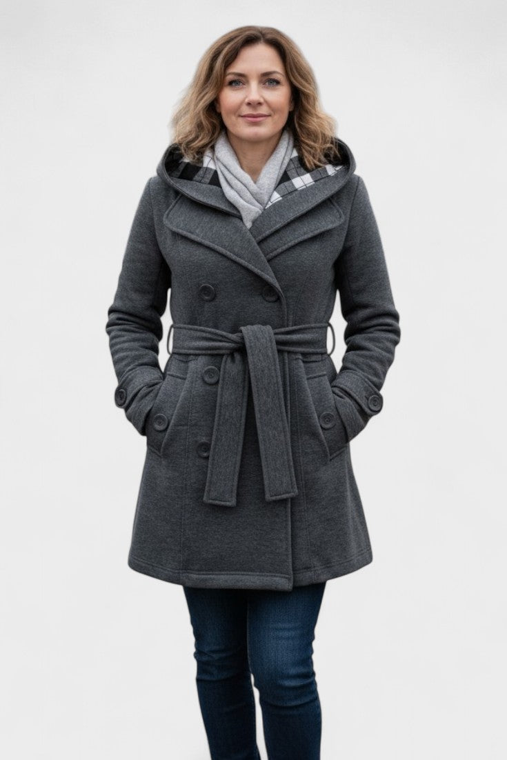 Double Breasted Wool Blend Coat with Belted Waist and Hood