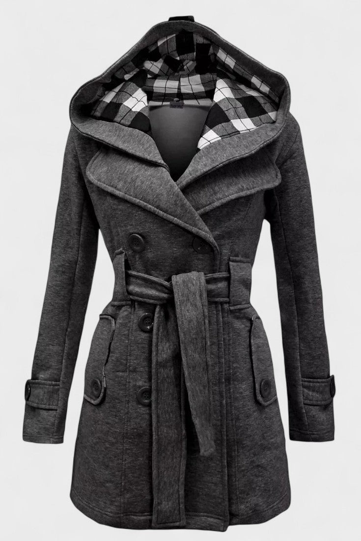 Double Breasted Wool Blend Coat with Belted Waist and Hood