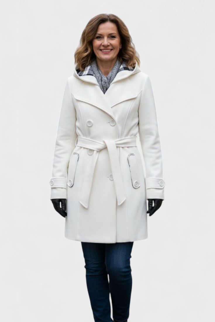 Double Breasted Wool Blend Coat with Belted Waist and Hood