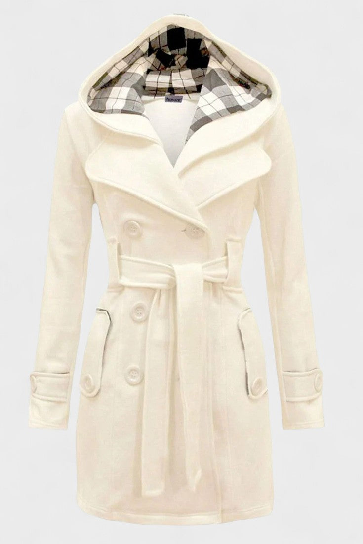Double Breasted Wool Blend Coat with Belted Waist and Hood