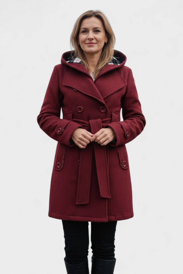 Double Breasted Wool Blend Coat with Belted Waist and Hood