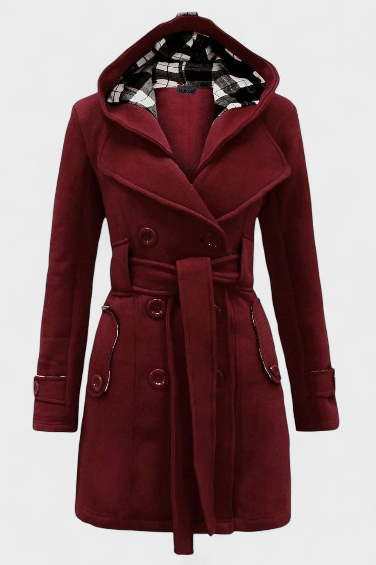 Double Breasted Wool Blend Coat with Belted Waist and Hood
