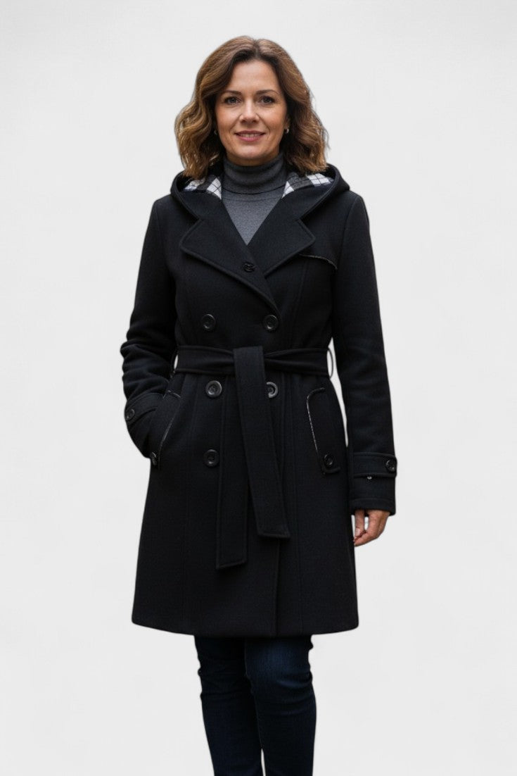Double Breasted Wool Blend Coat with Belted Waist and Hood