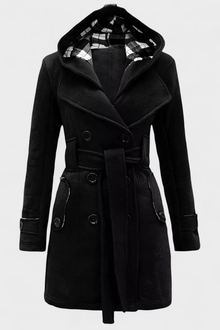 Double Breasted Wool Blend Coat with Belted Waist and Hood