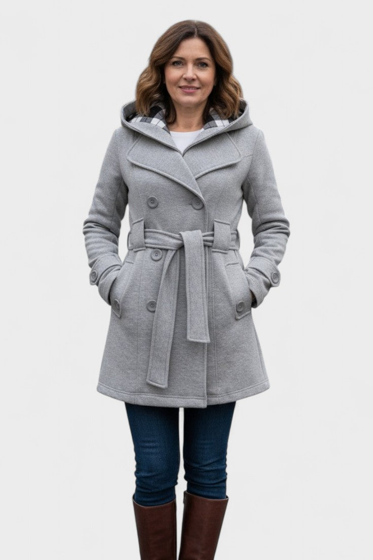Double Breasted Wool Blend Coat with Belted Waist and Hood