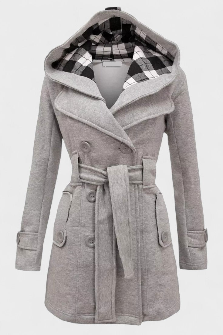 Double Breasted Wool Blend Coat with Belted Waist and Hood