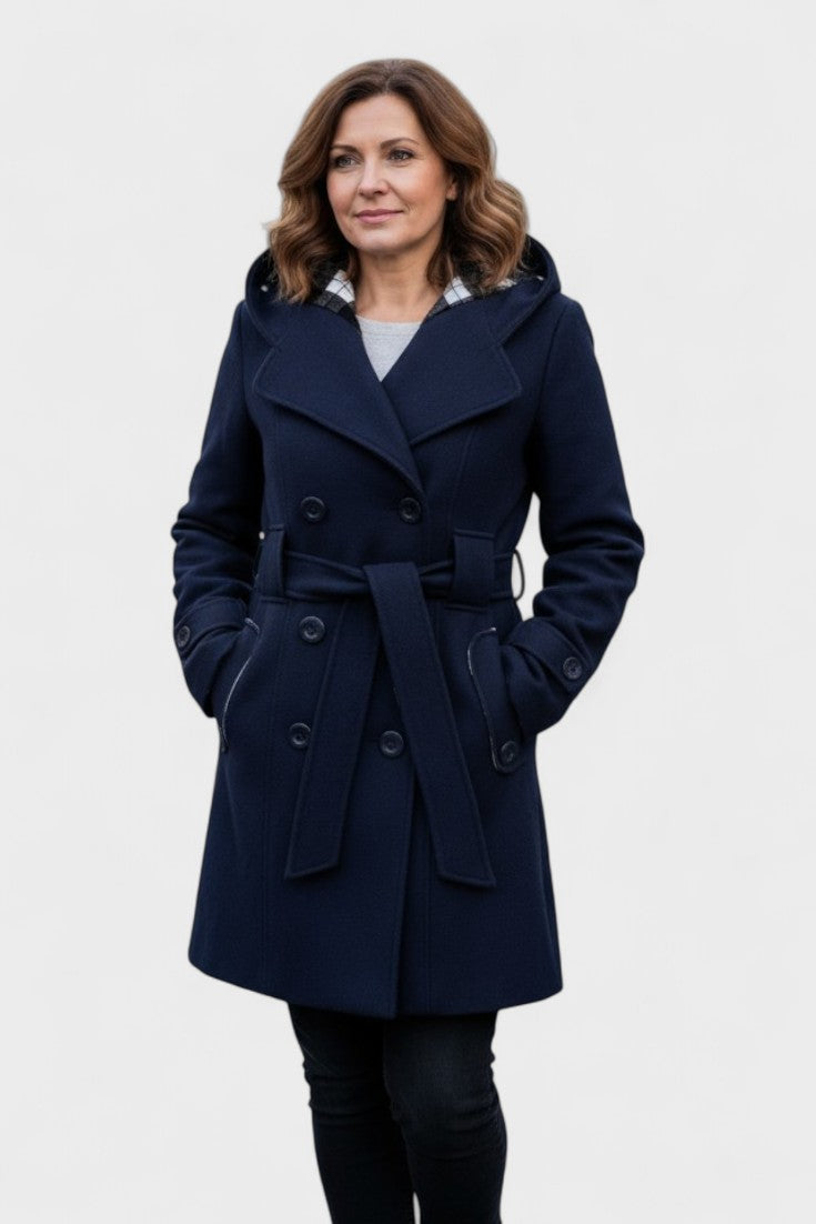 Double Breasted Wool Blend Coat with Belted Waist and Hood