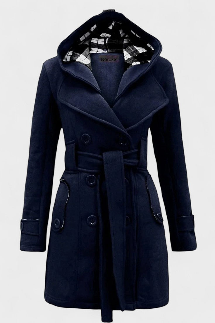 Double Breasted Wool Blend Coat with Belted Waist and Hood