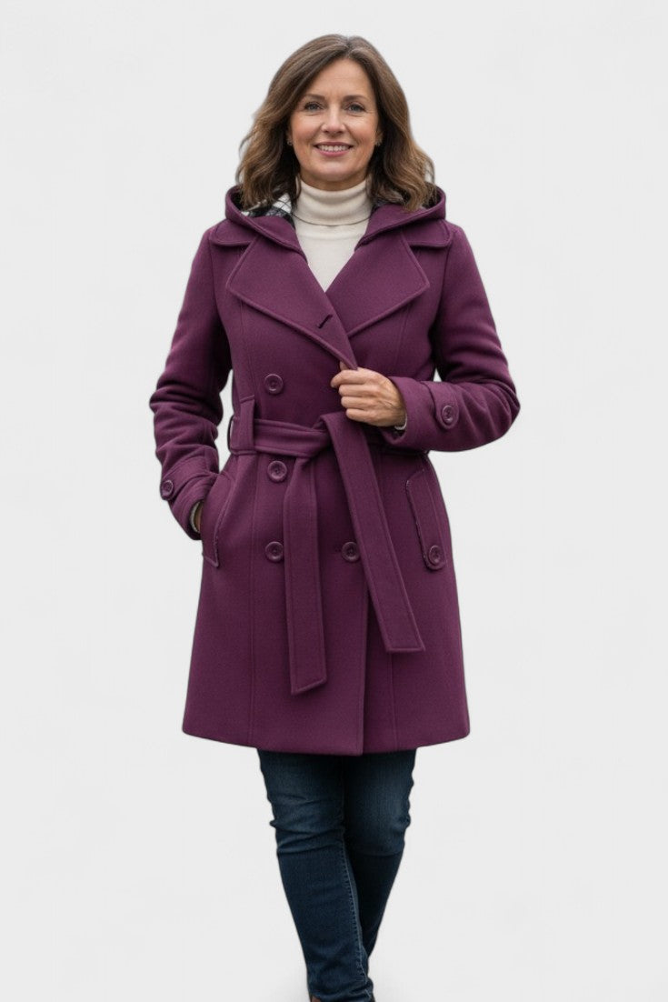 Double Breasted Wool Blend Coat with Belted Waist and Hood