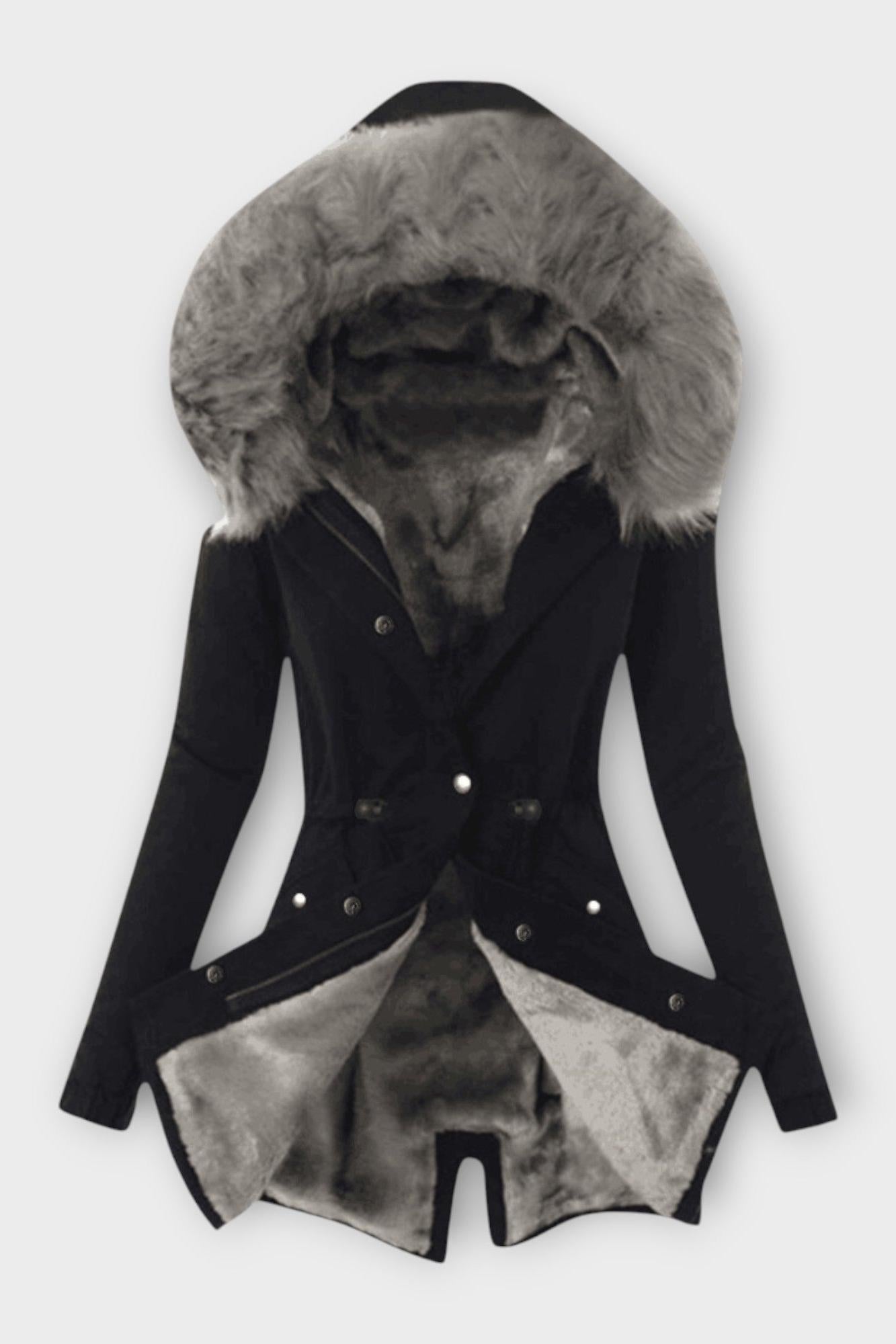 Faux Fur Lined Hooded Parka Coat with Drawstring Waist