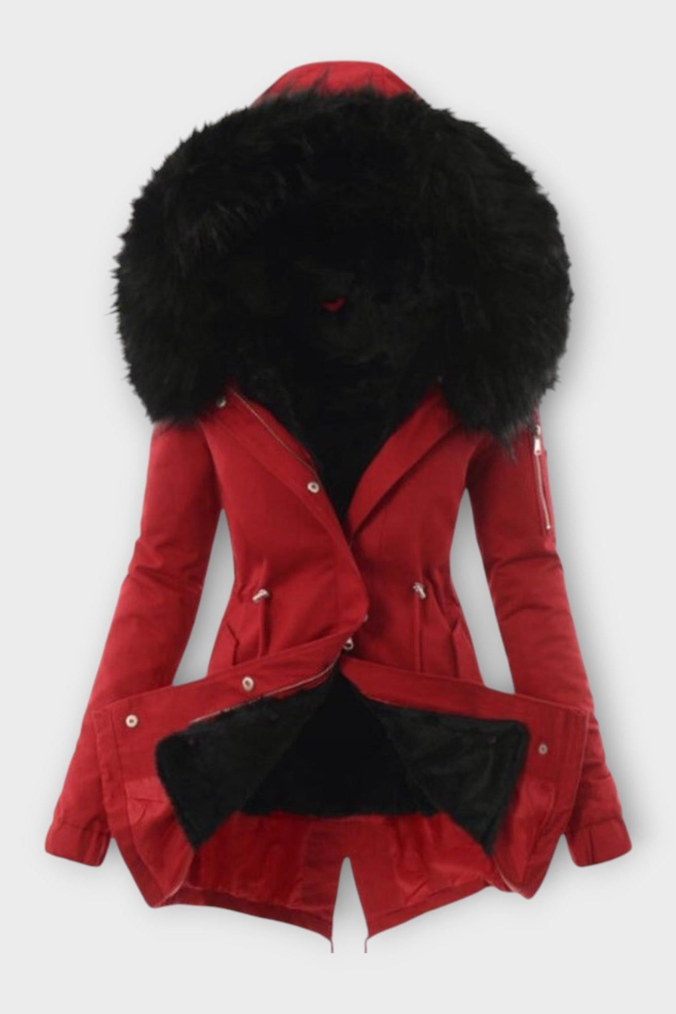 Faux Fur Lined Hooded Parka Coat with Drawstring Waist
