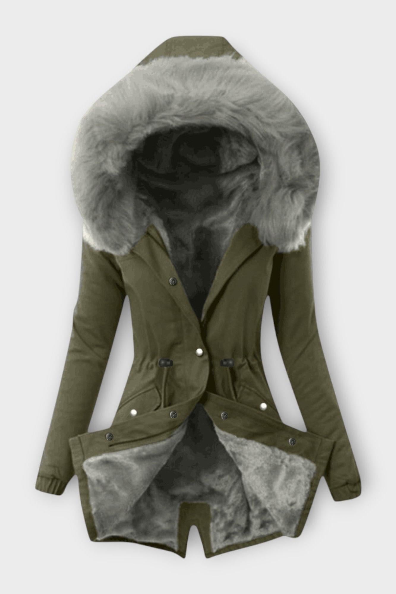Faux Fur Lined Hooded Parka Coat with Drawstring Waist
