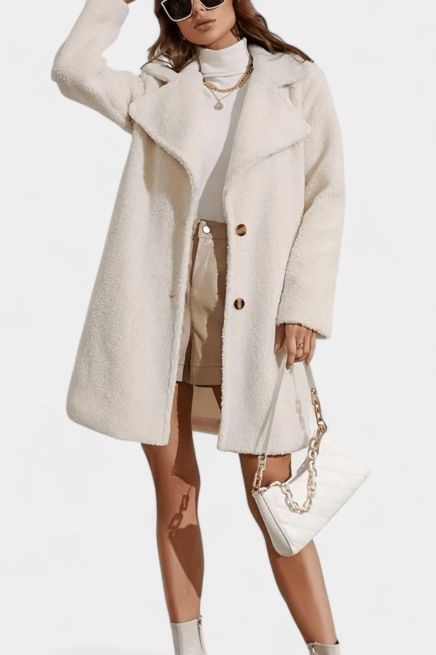 Plush Faux Fur Button Front Mid-Length Coat