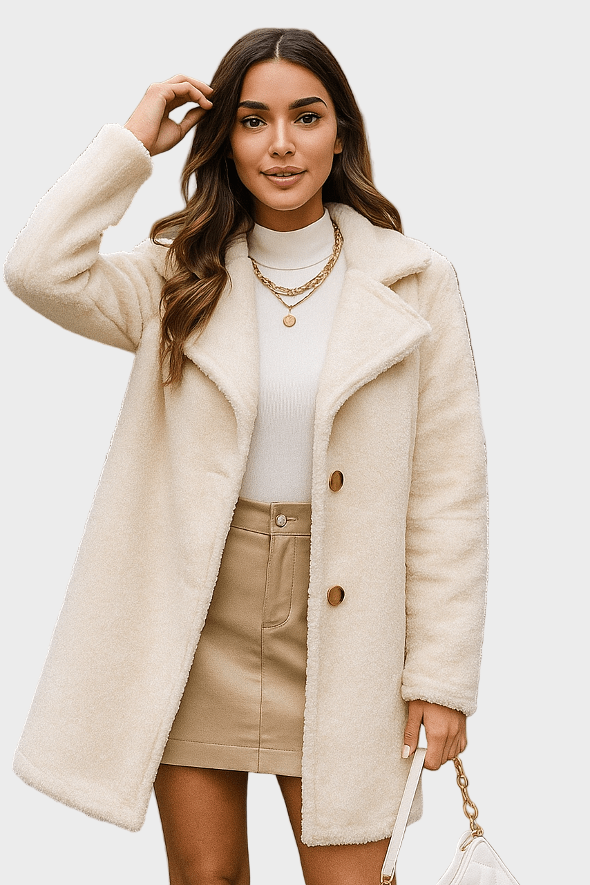 Plush Faux Fur Button Front Mid-Length Coat